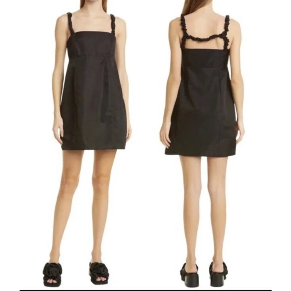 GANNI Ruched Strap Recycled Nylon Minidress In Black Sz EU 44/ US 12 Retail $275
